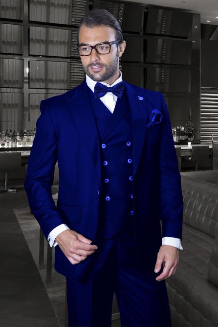 Peak Lapel Double Breasted Vest Classic Fit 3 Piece Wide Leg, Pure Suit & Vest Saphire - Indigo - Cobalt Blue