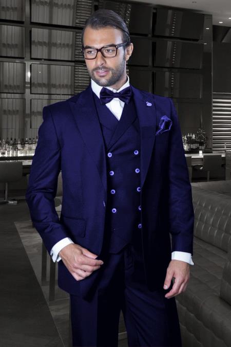 Peak Lapel Double Breasted Vest Classic Fit 3 Piece Wide Leg, Pure Suit & Vest Saphire - Indigo - Cobalt Blue