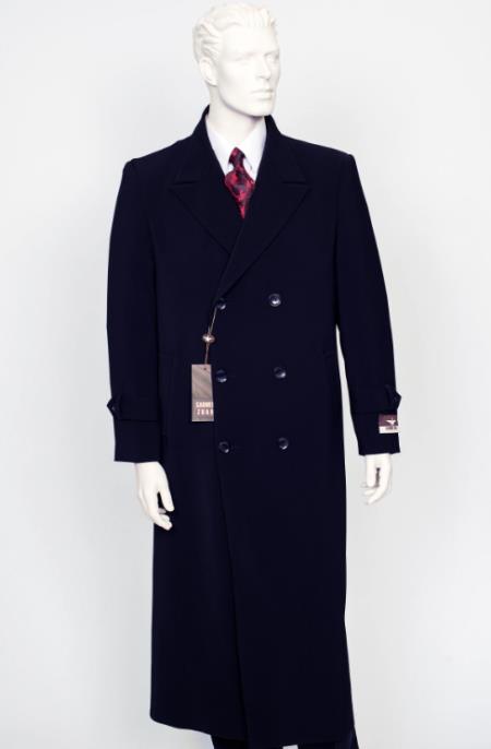 Men's Navy Peak Lapel Full Length Coat Duster Maxi Coat