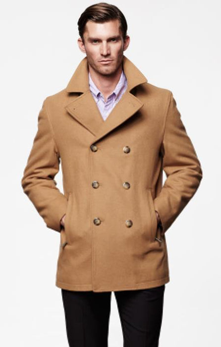 Men's Tan Six Button Wool Fabric Big and Tall Men's Peacoat