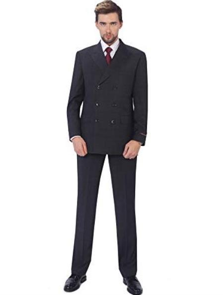 Men's Double Breasted Suits Black Peak Lapel Windowpane Plaid Suit