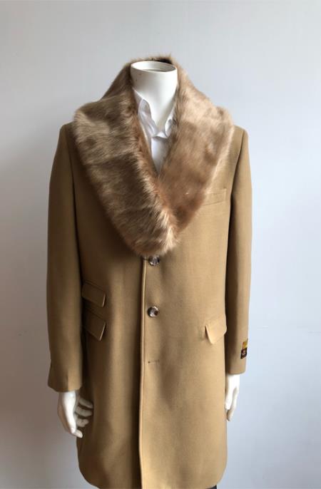 Men's Camel Three Button Full Length Overcoat Men's Carcoat - Car Coat Mid Length Three quarter length coat