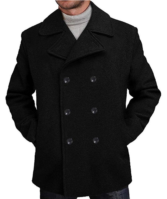 Men's Black Regular Fit Double Breasted Big And Tall Wool Men's Peacoat