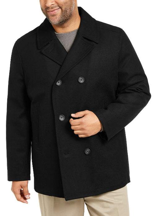 Men's Black Three Button Double Breasted Closure Big And Tall Wool Men's Peacoat