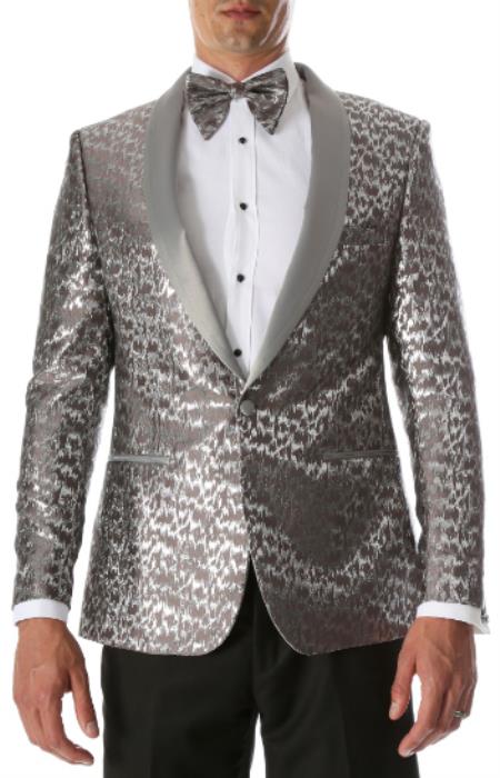 Silver & Black Two Side Vents Satin Shawl Collar Blazer