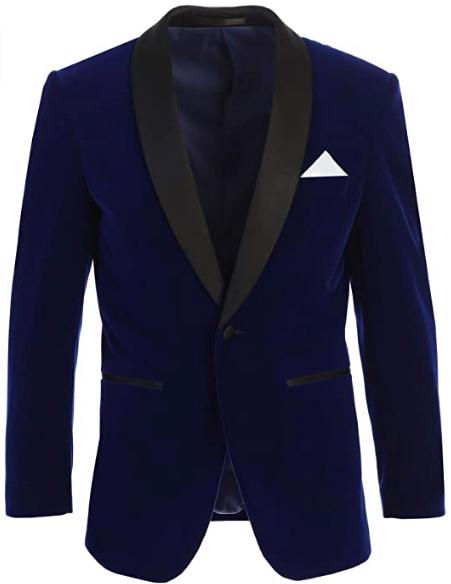 Men's Velvet Tuxedo Blazer Slim Fit Indigo Blue With Black