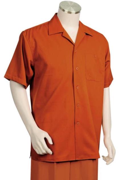 Monotone Textured Short Sleeve 2pc Walking Suit Set - Burnt Orange