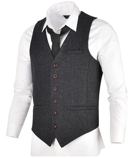 Men's Slim Fit Herringbone Tweed Suit Dark Grey 1920s Vest