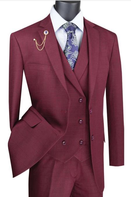 Burgundy Men's 2 Button Suit With Notch Collar Vest