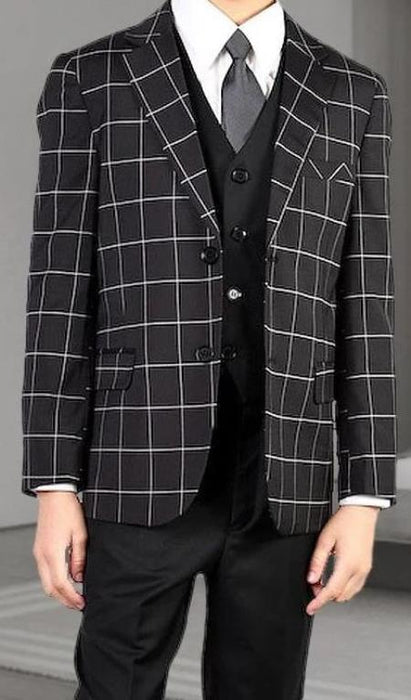 Boys 3 Piece Suit - Black Windowpane