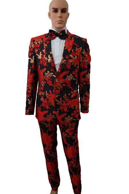 Men's Black and Red Peak Lapel Floral Suits