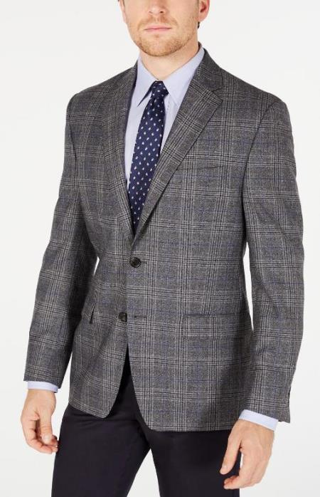 Men's Plaid Windowpane Checker Slim Fit Blazer Grey