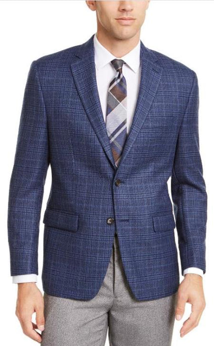 Men's Plaid Windowpane Checker Slim Fit Blazer Blue