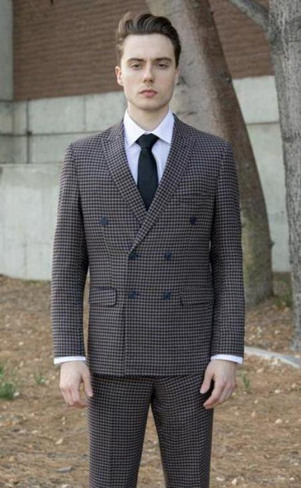 Houndstooth Suit Navy Blue and Tan - Black And White Checkered Suit