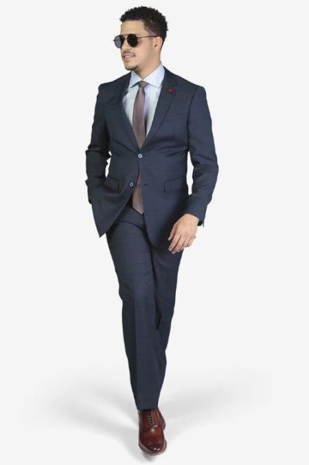 Men's Slim Fit Suit - Fitted Suit - Skinny Suit Men's Blue Windowpane 2-button Suit