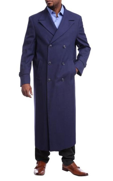 Men's Full Length Overcoat Navy Blue Wool Double Breasted Trench Coat