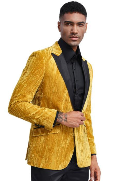 Men's Gold Tuxedo Jacket with Fancy Velvet Feel Pattern - Blazer - Prom - Wedding