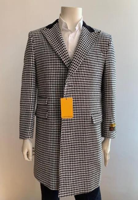 Men's Overcoat - Peak Lapel 1920s Style Car Coat Three Quarter By Albereto Nardon + Black and White