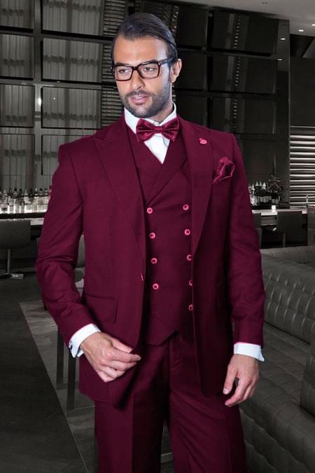 Classic Fit Suit - One Button with Double Breasted Vest Super 150s Suit - Burgundy Color