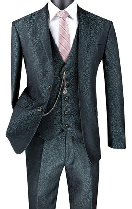 Mens Slim Fit 3 Piece Suit Pine Green Floral Pattern Matching Vest and Pants