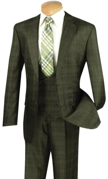 Mens 3 Piece Suit with Double-Breasted Vest Olive Suit