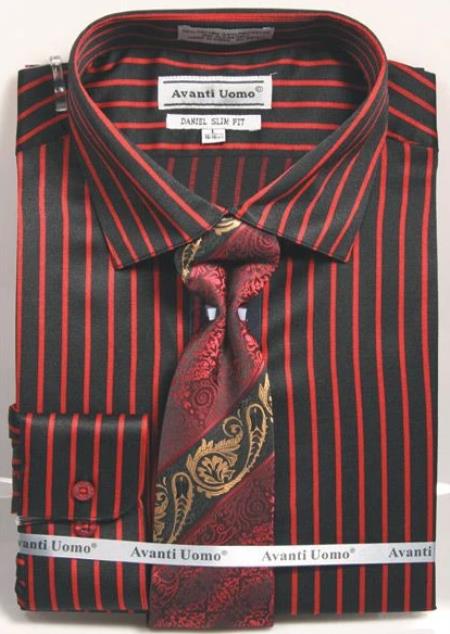 Mens Slim Fit Stripe Shirt with Tie and Handkerchief in Black ~ Red - Striped Dress Shirt - Mens Pinstripe Dress Shirt