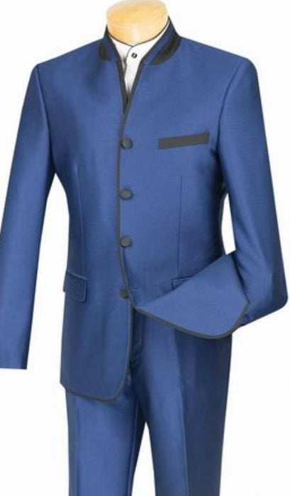 Mens Blue Mandarin Collar Suit Slim Fit