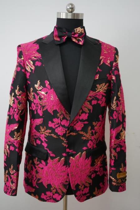 Mens Paisley Tuxedo - Paisley Blazer - Prom Sport Jacket With Matching Bowtie - Pink and Black Blaze