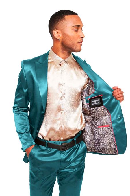 Mens Two Buttons Peak Lapel Suit Turquoise