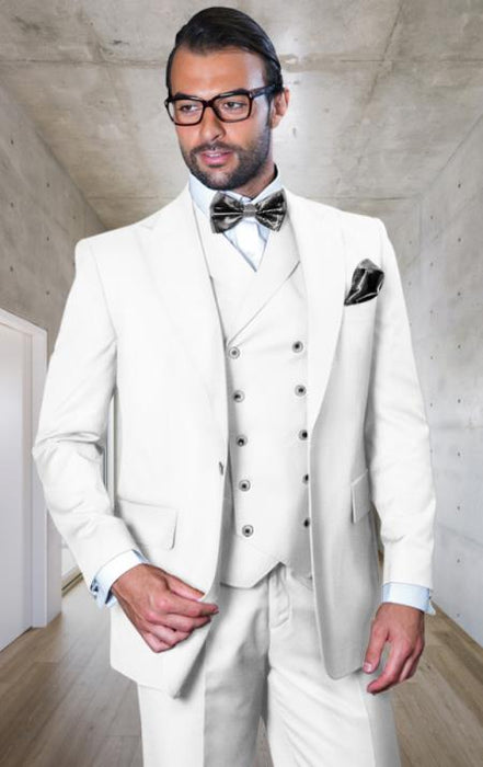 White Suit - Classic Fit With Double Breasted Vest - Pleated Pants Classic Fit