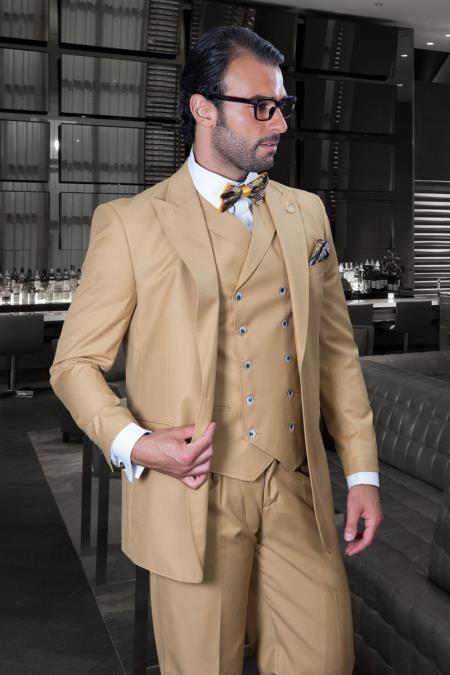 Mens One Button Notch Lapel Wide Leg Suit Camel