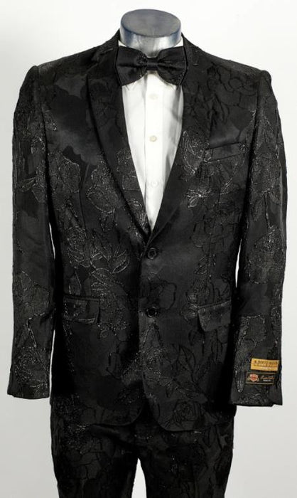 Mens Flower Suit - Floral Suit Mens 2 Button Peak Lapel Black Tuxedo