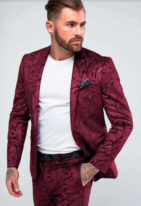 Paisley Suit - Floral Suit Wedding Prom Suit Burgundy + Matching Bowtie