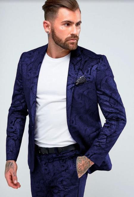 Paisley Suit - Floral Suit Wedding Prom Suit Dark Blue + Matching Bowtie