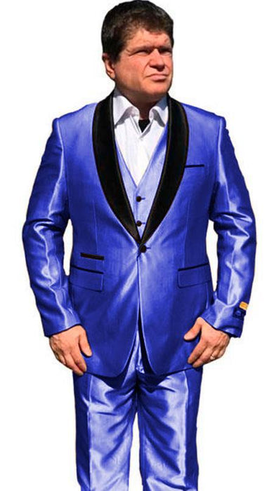 Mens One Button Shawl Lapel Suit Blue