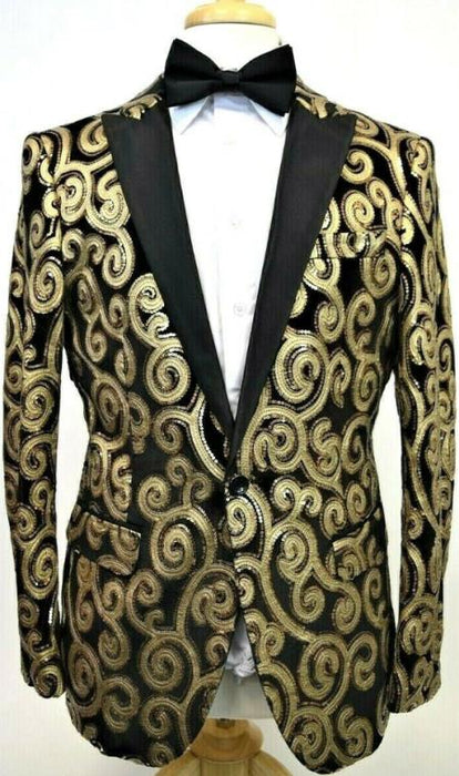 Mens Single Breasted 1 Button Fancy Blazer Black ~ Gold