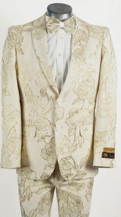 Mens Ivory ~ Gold 2 Button Foil Floral Paisley Prom and Wedding Tuxedo