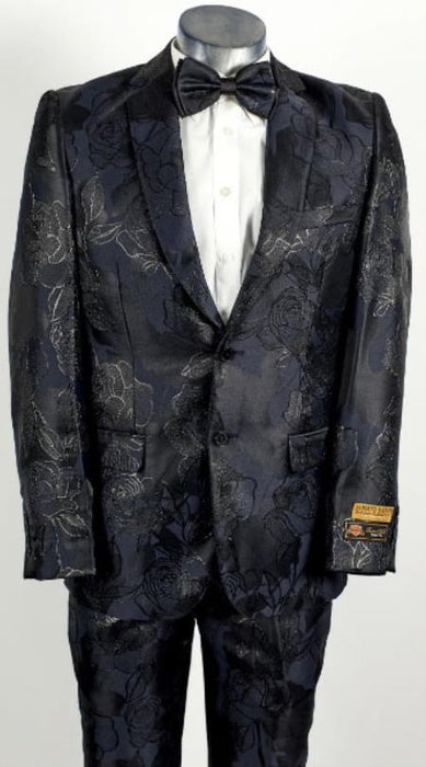 Mens Shiny Black ~ Navy 2 Button Floral Paisley Prom and Wedding Tuxedo