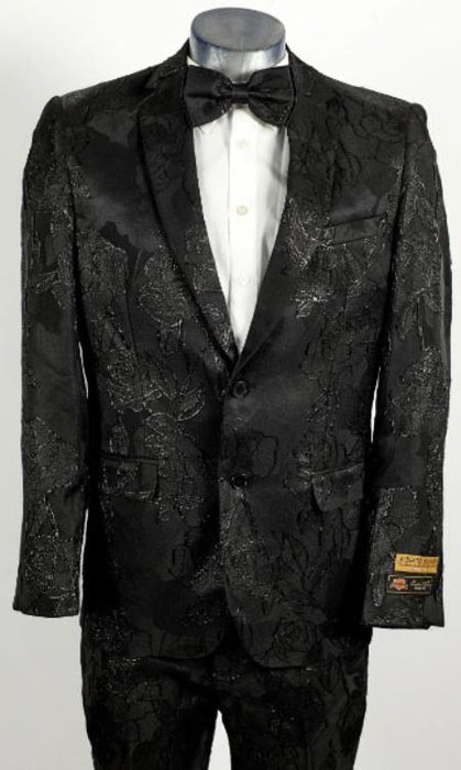 Mens Shiny Black on Black 2 Button Floral Paisley Prom and Wedding Tuxedo