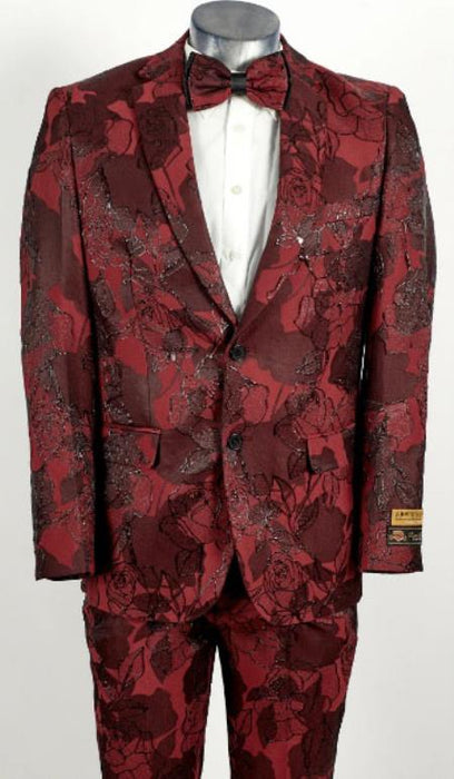 Mens Burgundy 2 Button Floral Paisley Prom 2025 and Wedding Tuxedo