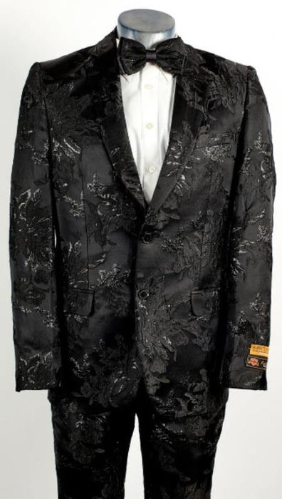 Mens Black Shiny 2 Button Floral Paisley Prom and Wedding Tuxedo