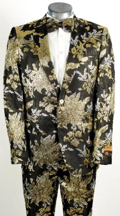 Mens Black ~ Gold 2 Button Foil Floral Paisley Prom and Wedding Tuxedo