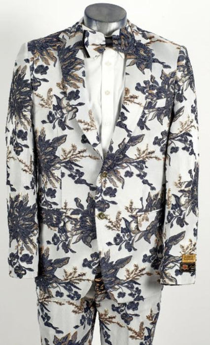 Mens White ~ Navy 2 Button Foil Floral Paisley Prom and Wedding Tuxedo