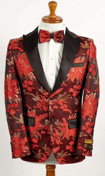 Mens Red ~ Gold 2 Button Floral Paisley Tuxedo Blazer