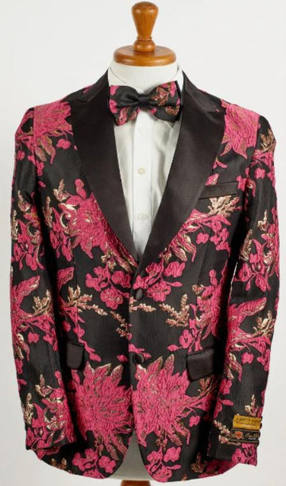 Mens Hot Pink Fuchsia ~ Black 2 Button Floral Paisley Tuxedo Blazer