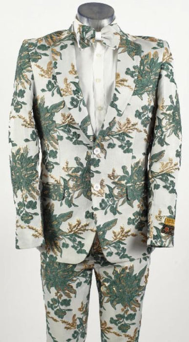 Green and Gold Tuxedo - Paisley Fancy Floral Suit With Matching Bowtie