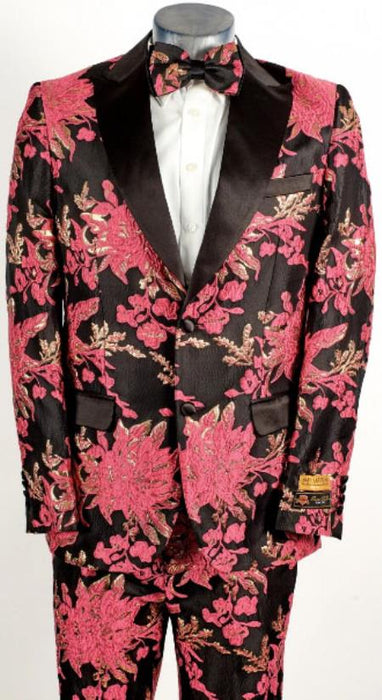 Mens Pink Suit - Paisley Fancy Floral Suit with Matching Bowtie