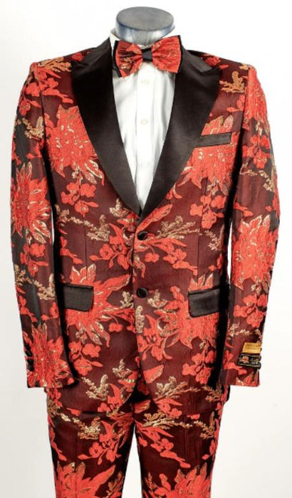 Mens Red and Gold 2 Button Floral Paisley Tuxedo Tuxedo