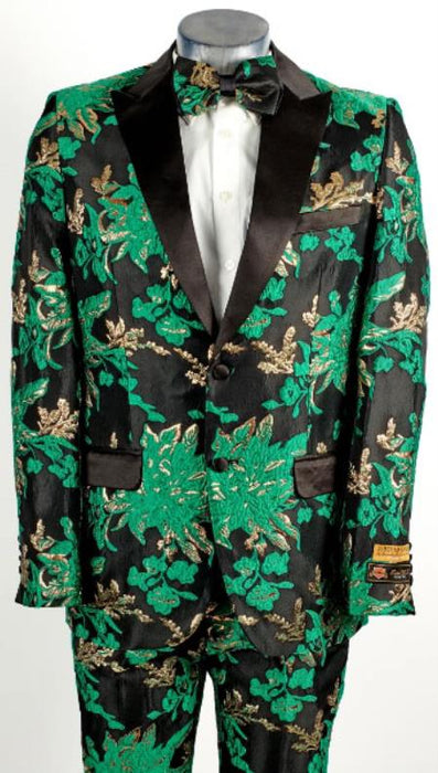 Mens Hunter Green and Black 2 Button Floral Paisley Tuxedo Tuxedo