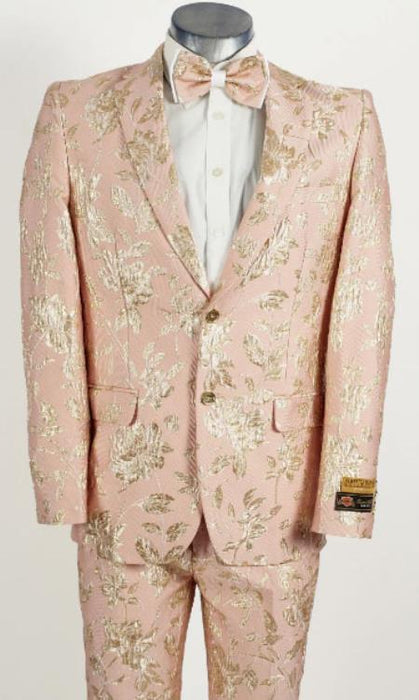 Mens Light Pink and Gold 2 Button Floral Paisley and Wedding Tuxedo